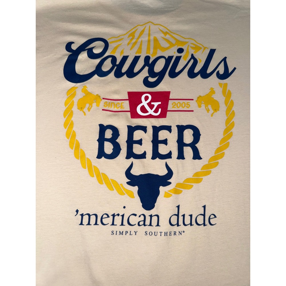 Simply Southern Cowgirls & Beer Merican Dude Long Sleeve Graphic Tee Cream L NEW